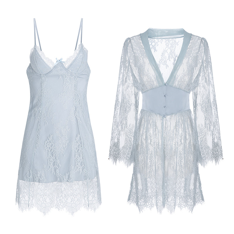 Deep-V Lace Slip Dress Robe Set