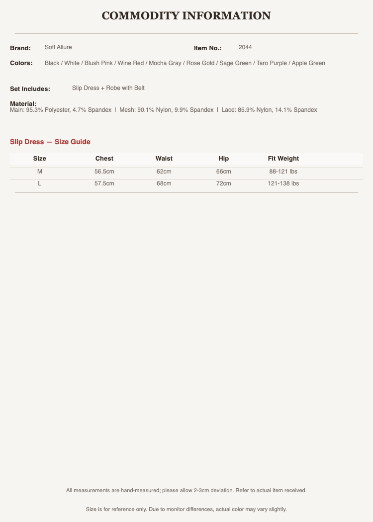 Product specifications & size guide