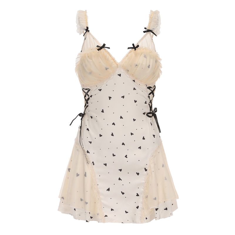 Heart Print Mesh Babydoll - white background