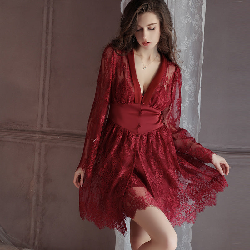 Deep-V Lace Slip Dress Robe Set