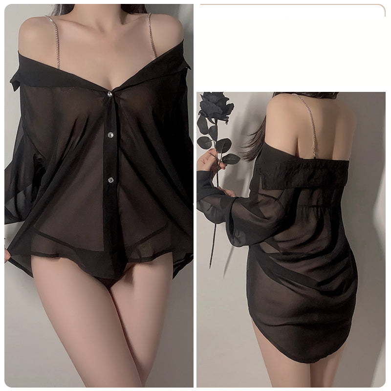 Black — Sheer Chiffon Shirt Dress Set
