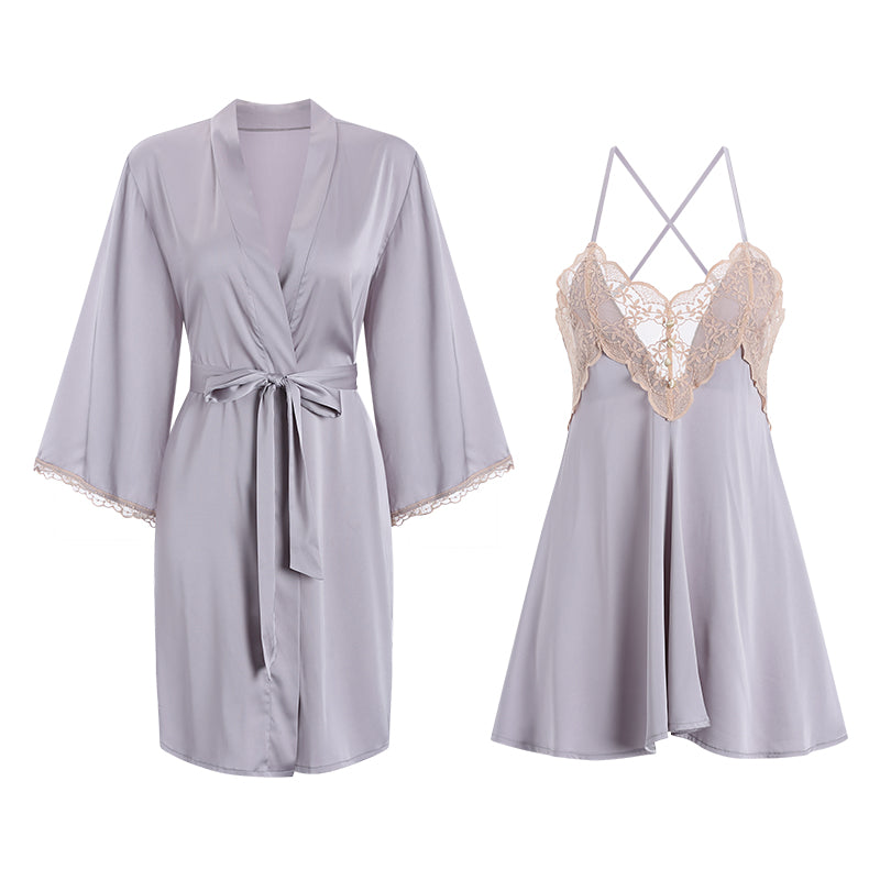 Satin Pearl Lace Slip Dress - white background
