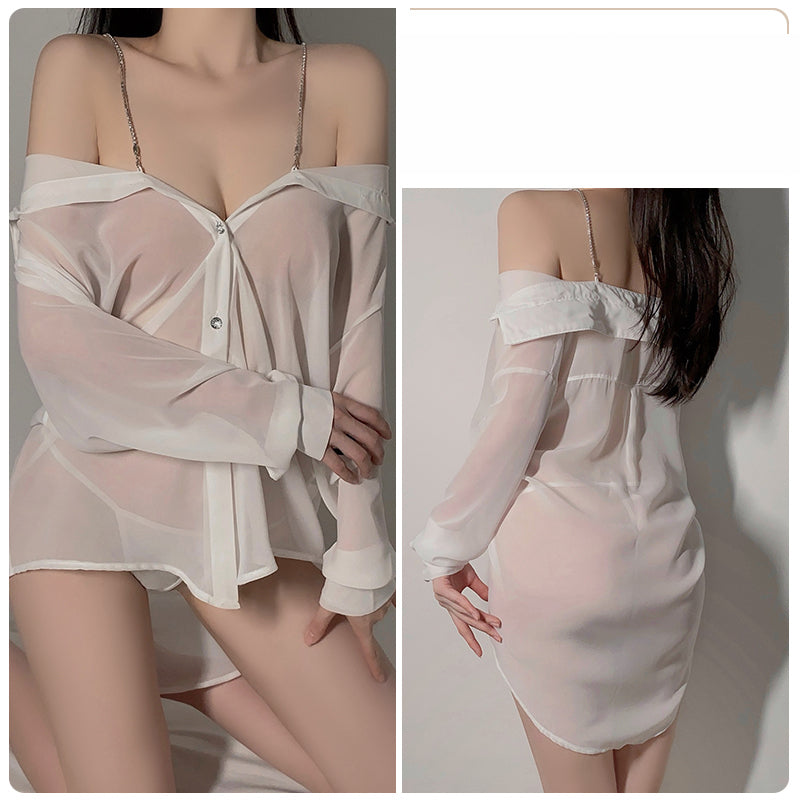 White — Sheer Chiffon Shirt Dress Set