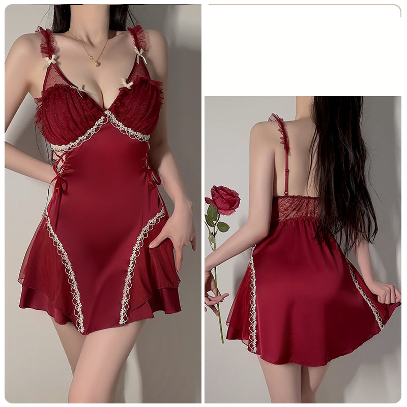 Satin Lace Set - Wine Red